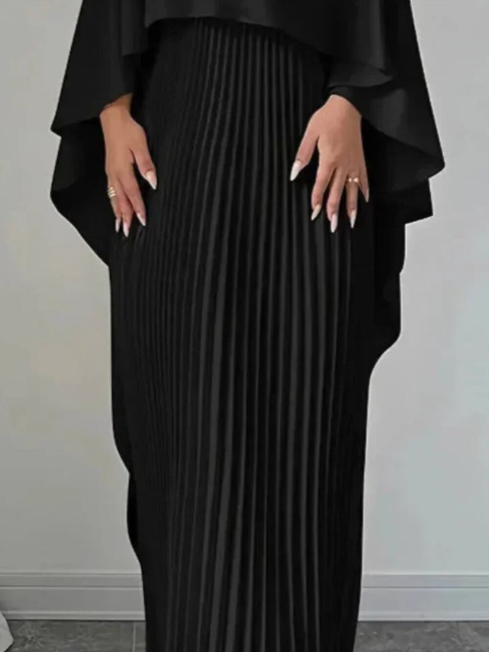 Black Pleated Cape Overlay Maxi Dress — Size XL